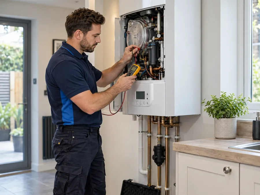 A multimeter in use as an engineer checks the internals of a wall-hung boiler