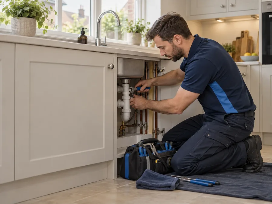 Under a kitchen sink, an engineer fixes the waste pipe, with a protective mat down and the tool bag open